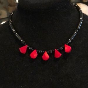 red bamboo coral & obsidian necklace